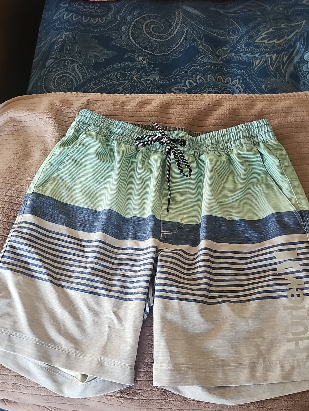 Hurley Green Blue Gray Striped Men's Swim Trunks